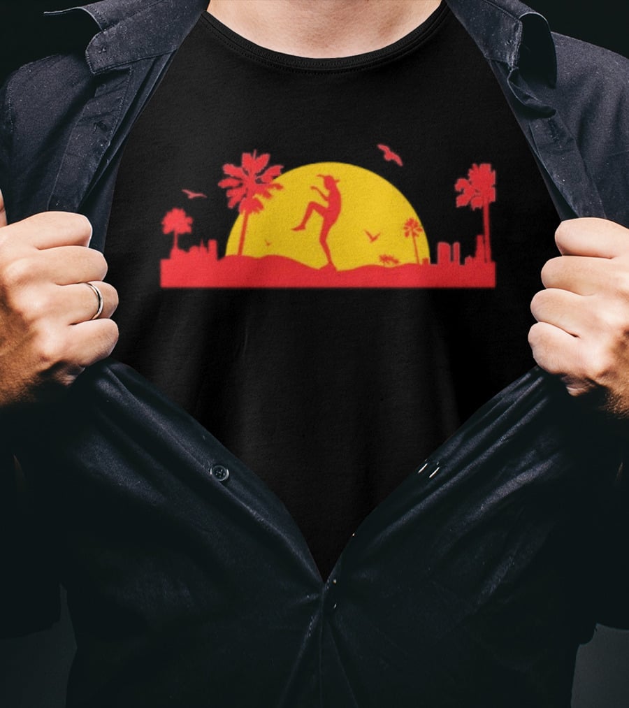 Cobra Kai Crane Kick Sunset Scene With Palm Trees And Birds T-Shirt