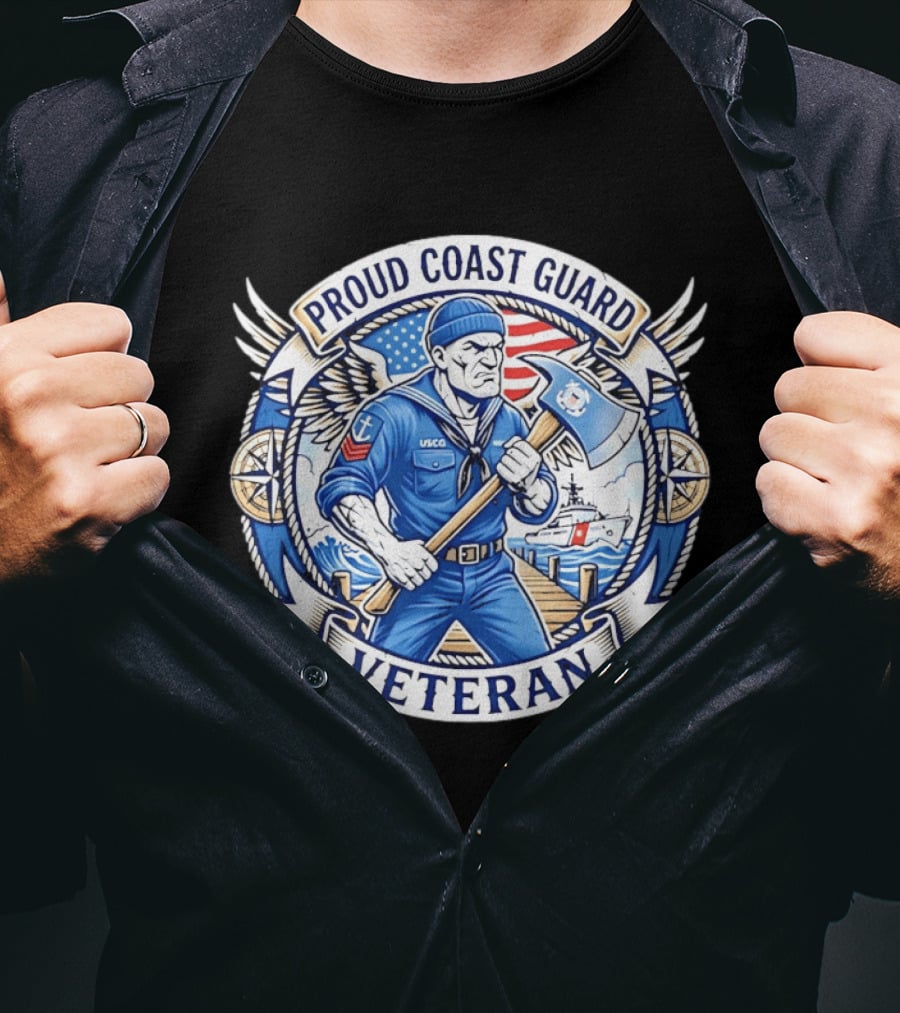 Proud Coast Guard Veteran USCG Military Sailor With Axe And American Flag T-Shirt
