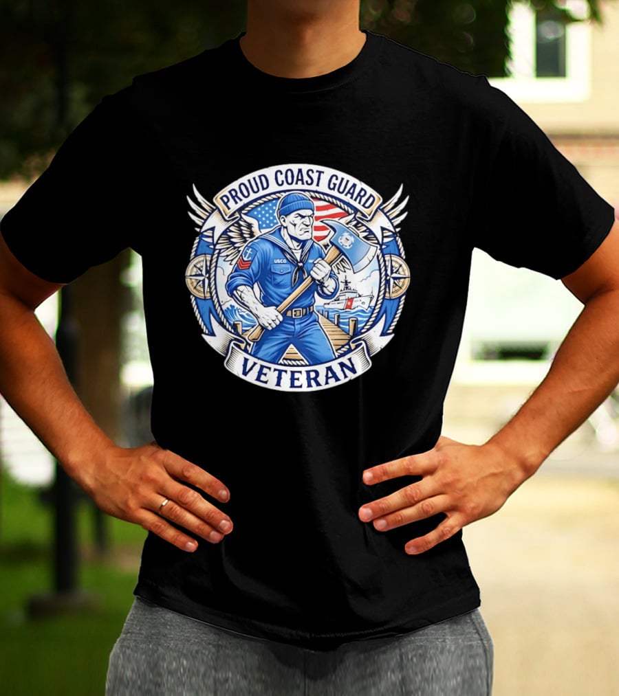 Proud Coast Guard Veteran USCG Military Sailor With Axe And American Flag T-Shirt