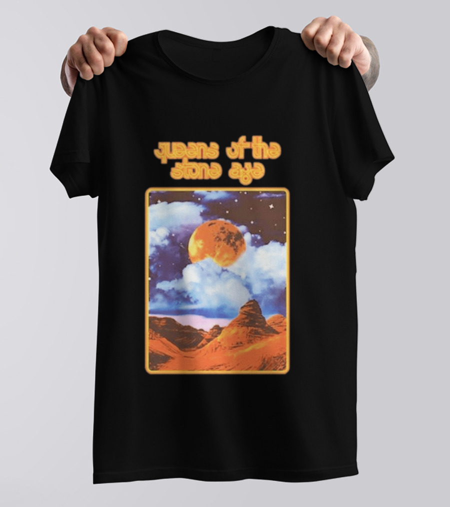 Queens Of The Stone Age Moon Landscape With Orange Cloudy Night Sky And Desert Scene T-Shirt