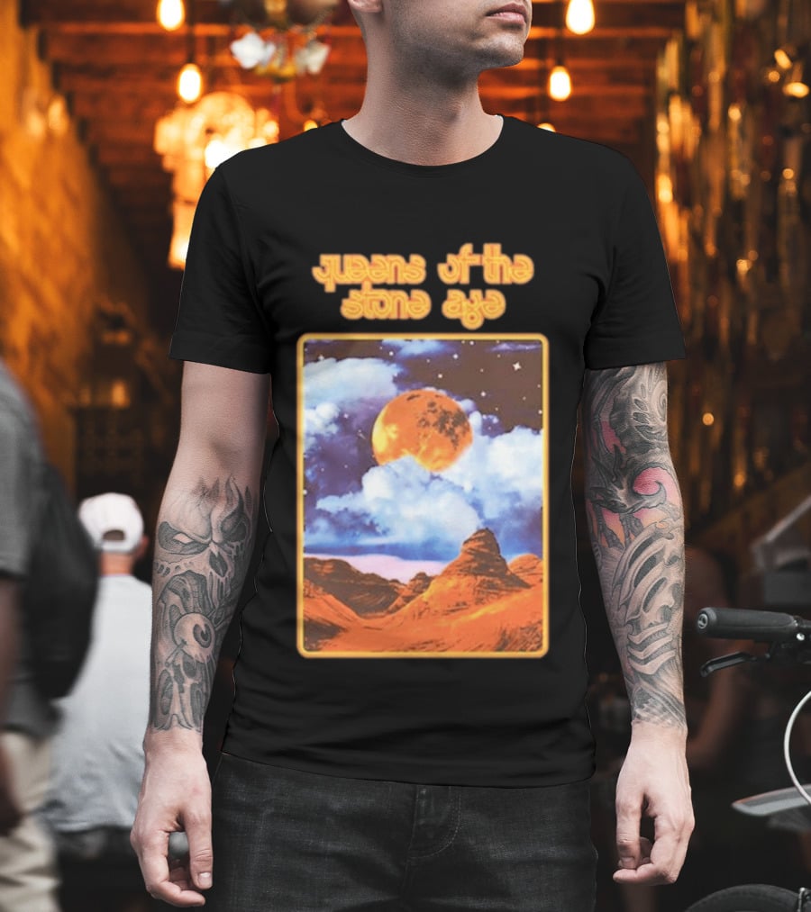 Queens Of The Stone Age Moon Landscape With Orange Cloudy Night Sky And Desert Scene T-Shirt