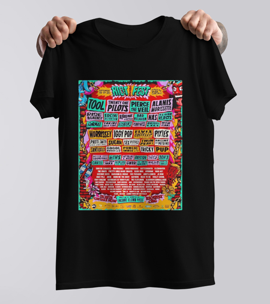 Riot Fest 2026 Full Lineup Douglass Park Chicago September 18 19 20 Featuring Tool Twenty One Pilots Pierce The Veil Alanis Morissette T-Shirt