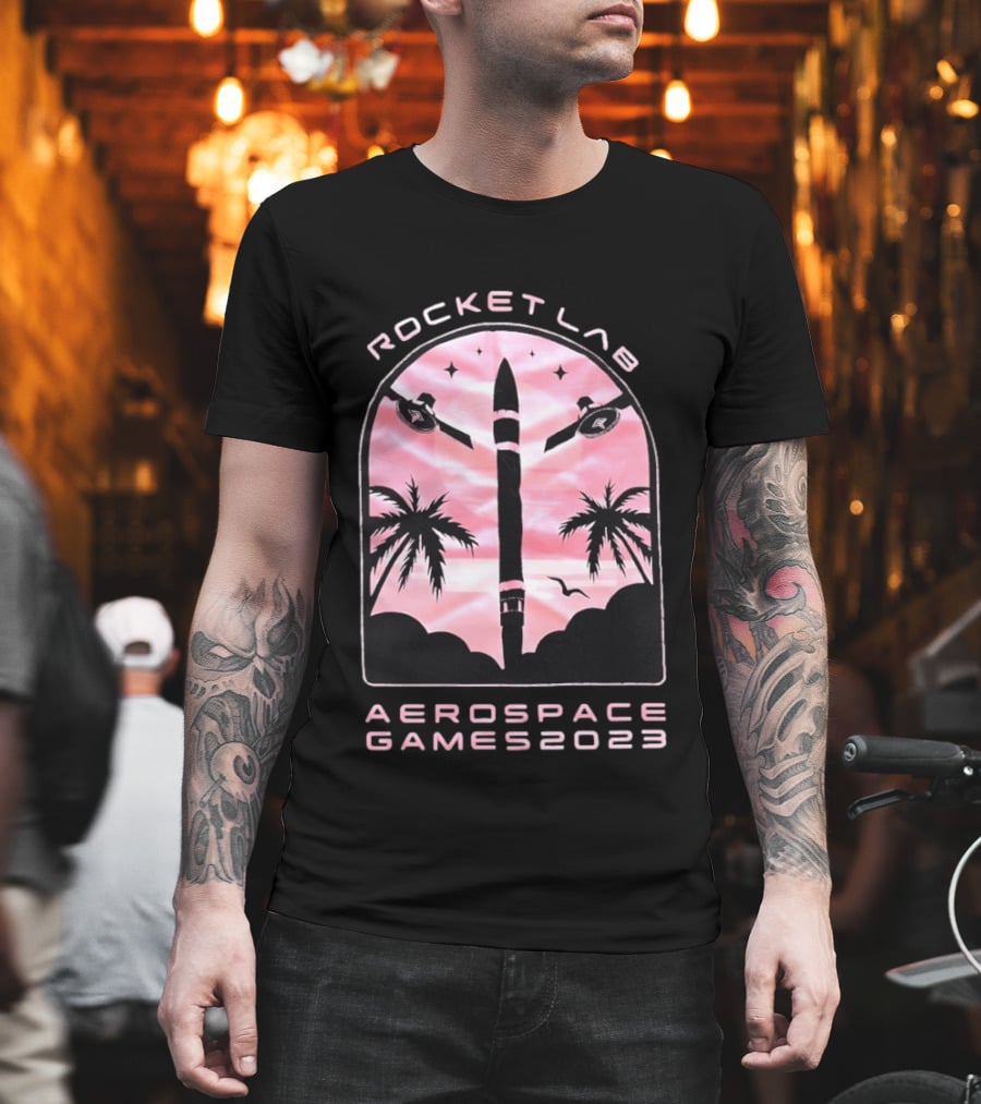 Rocket Lab Aerospace Games 2023 Rocket Space Satellite Event Palm Trees T-Shirt