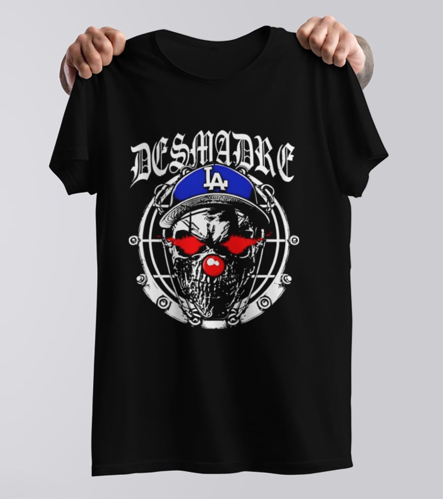 Skull In Los Angeles Dodgers Cap With Clown Makeup And DESMADRE T-Shirt