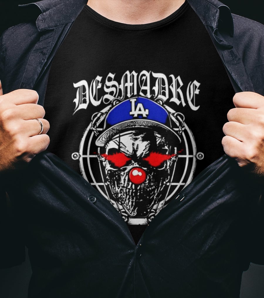 Skull In Los Angeles Dodgers Cap With Clown Makeup And DESMADRE T-Shirt