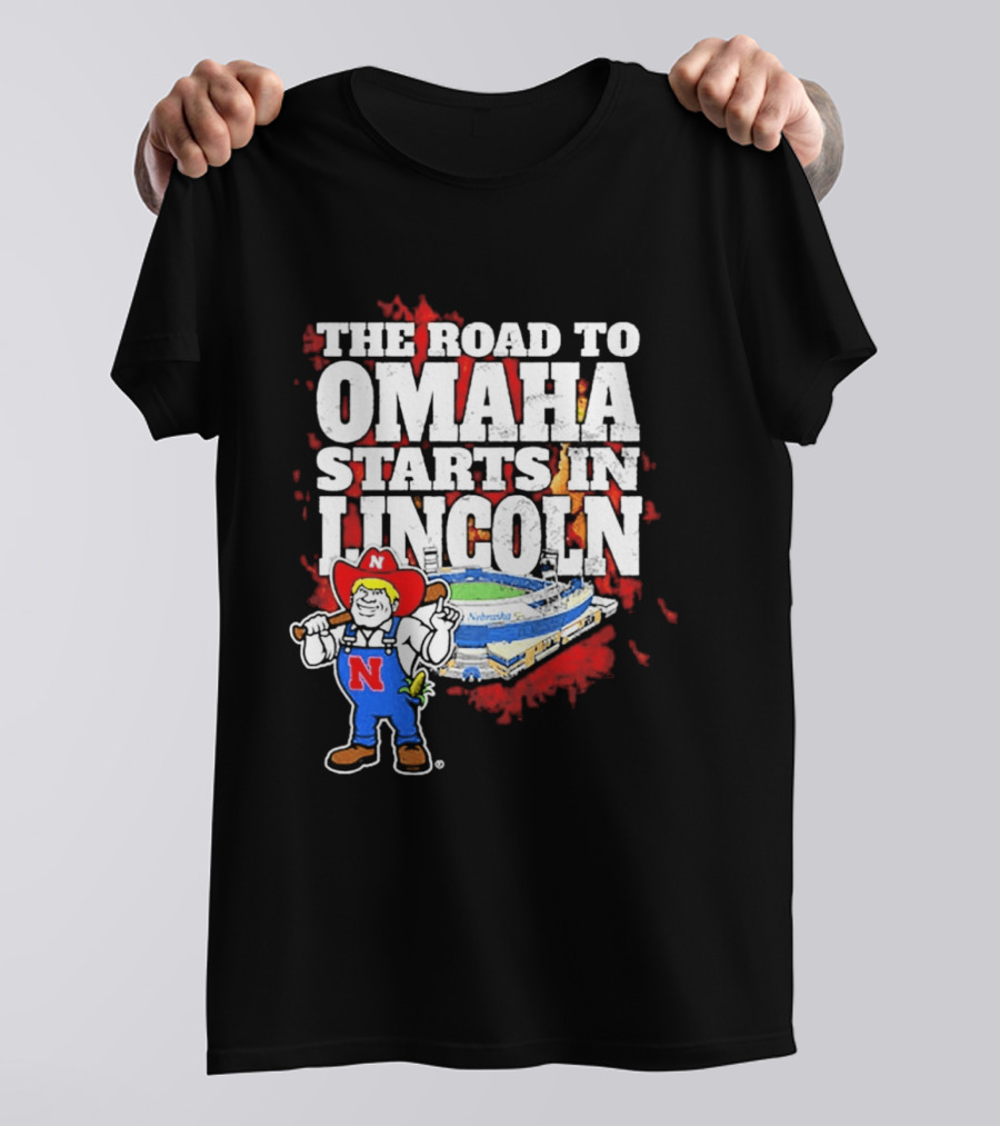 The Road To Omaha Starts In Lincoln Nebraska Cornhuskers Baseball Stadium T-Shirt