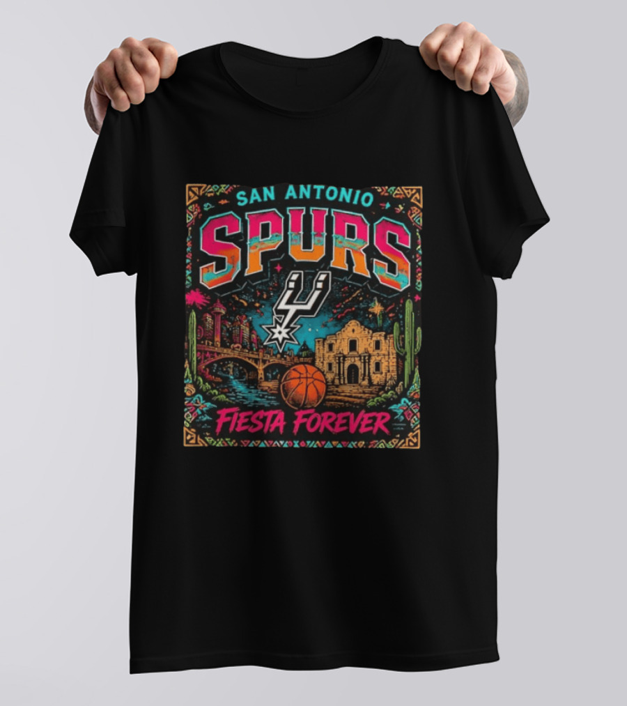 San Antonio Spurs Fiesta Forever Basketball Scenic Bridge And Mission T-Shirt