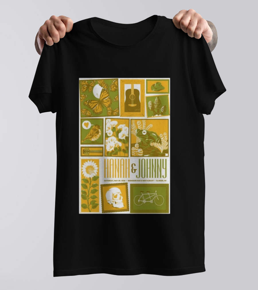 Hanah & Johnny May 30 2026 Ringer's Bar & Restaurant Slinger WI Butterfly Guitar Skull Bicycle Floral T-Shirt