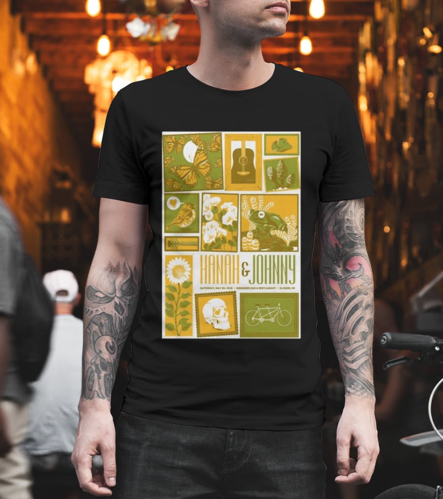 Hanah & Johnny May 30 2026 Ringer's Bar & Restaurant Slinger WI Butterfly Guitar Skull Bicycle Floral T-Shirt