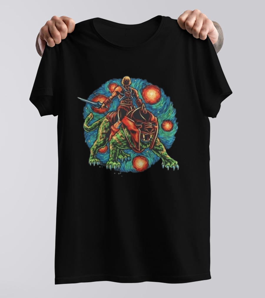He Man And Battle Cat Starry Night Strength Courage Van Gogh Fusion T-Shirt