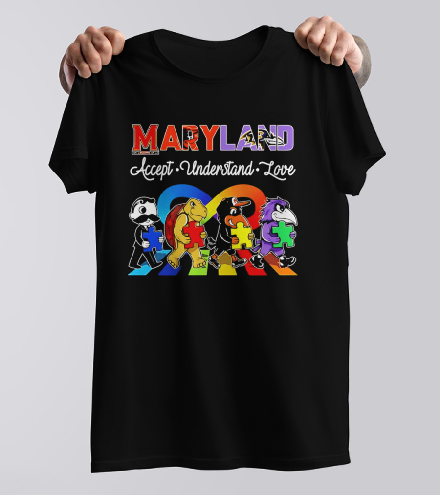 Maryland Pride Accept Understand Love With Sports Mascots And Puzzle Pieces T-Shirt