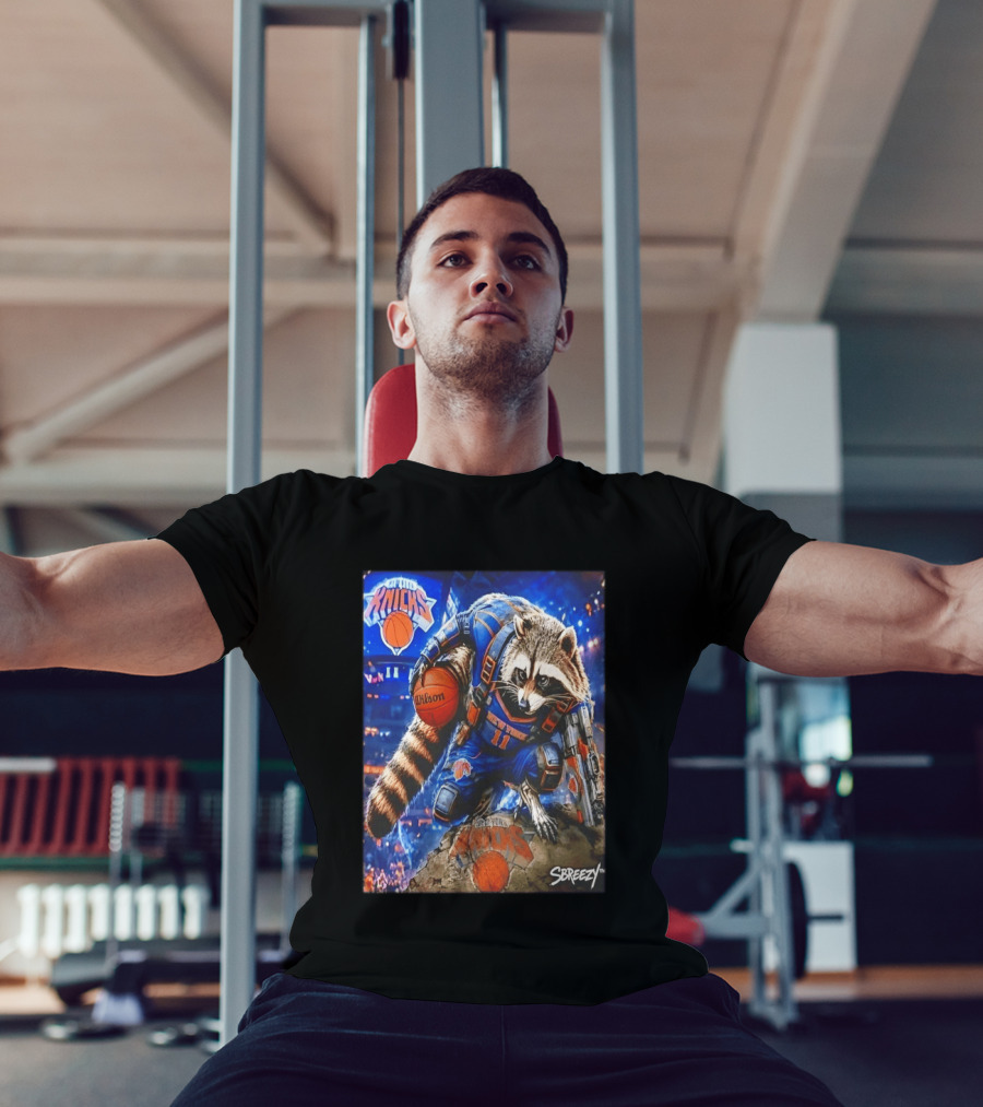 Rocket Raccoon New York Knicks Marvel Guardians NBA Crossover Wilson Ball T-Shirt