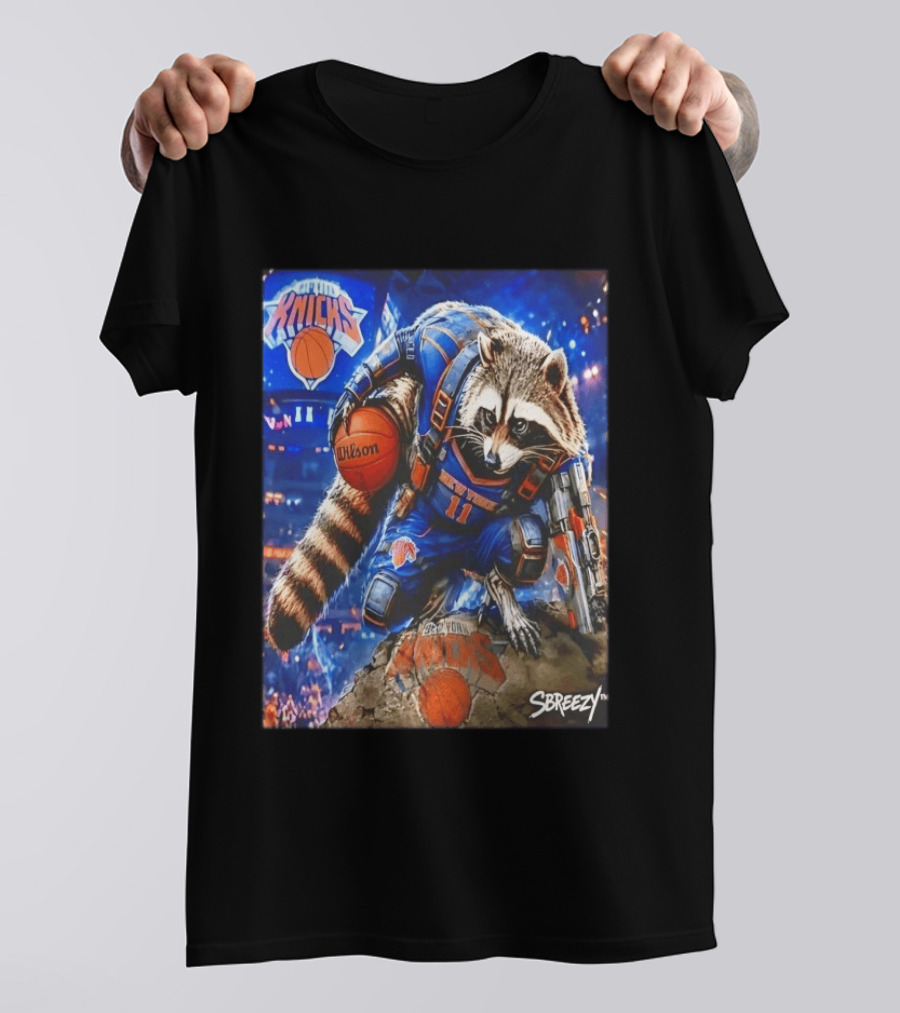 Rocket Raccoon New York Knicks Marvel Guardians NBA Crossover Wilson Ball T-Shirt