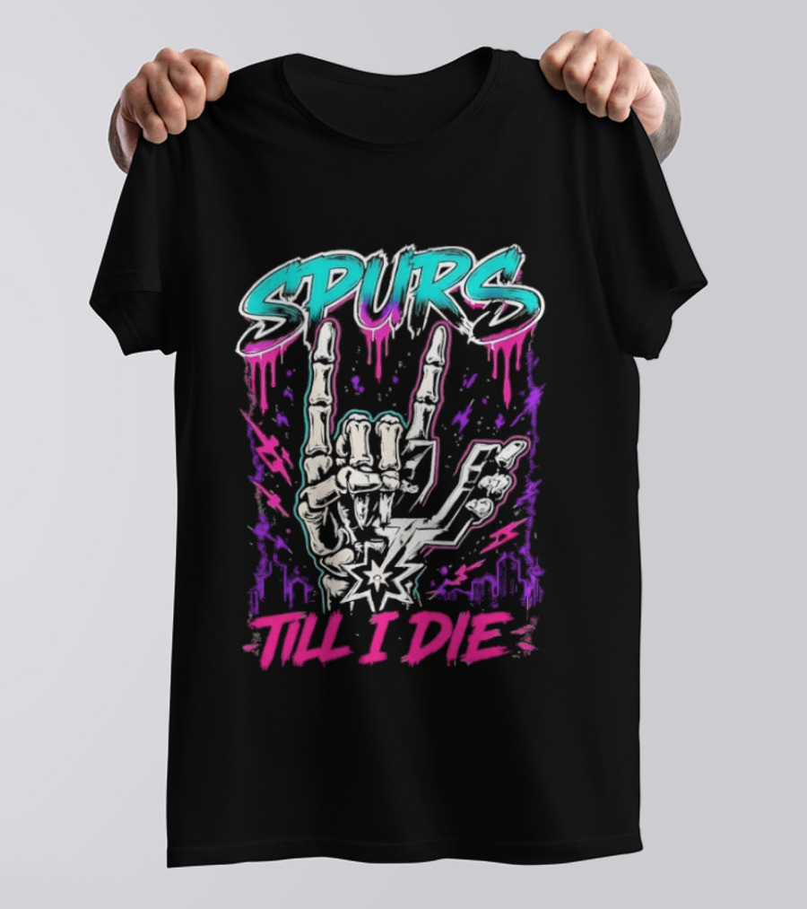Spurs Till I Die Skeleton Hand Rock On San Antonio Basketball T-Shirt