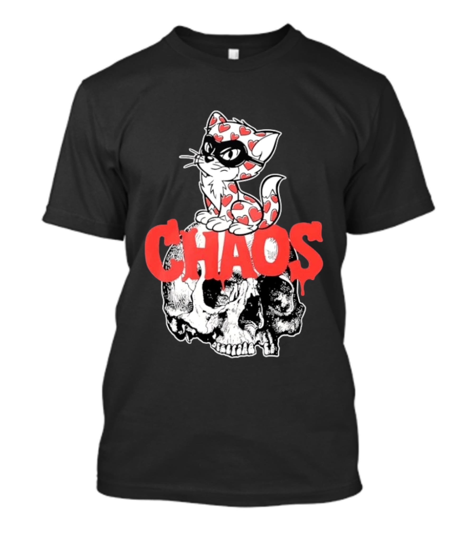 Chaos Cat Heart Pattern Masked Skull T-Shirt
