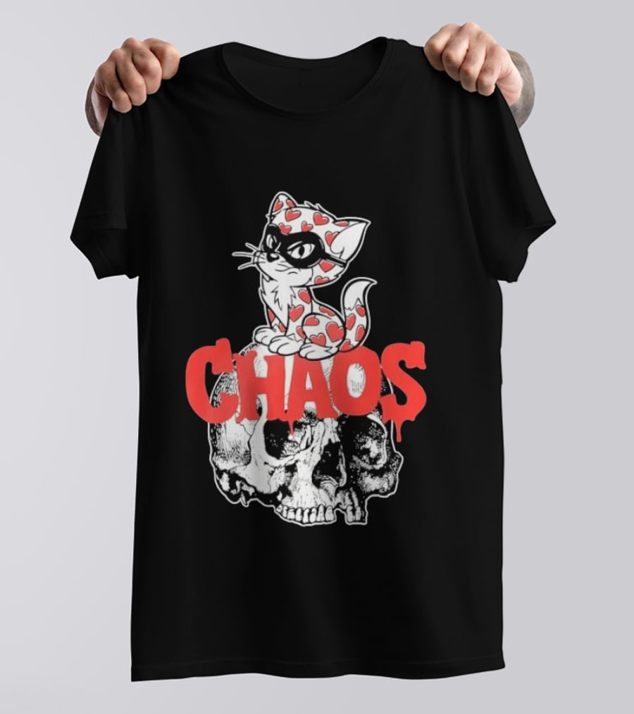Chaos Cat Heart Pattern Masked Skull T-Shirt