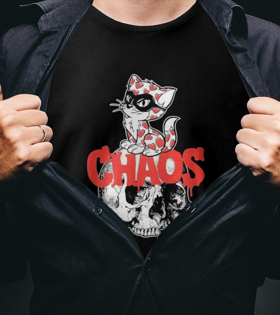 Chaos Cat Heart Pattern Masked Skull T-Shirt