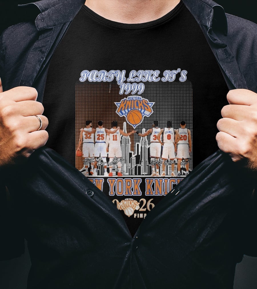 New York Knicks Party Like It's 1999 NBA Finals 2026 Karl Anthony Towns Mikal Bridges Jalen Brunson Patrick Ewing Latrell Sprewell T-Shirt