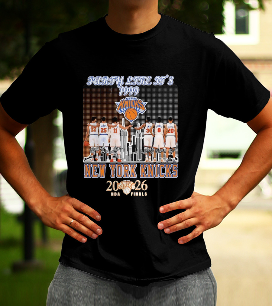 New York Knicks Party Like It's 1999 NBA Finals 2026 Karl Anthony Towns Mikal Bridges Jalen Brunson Patrick Ewing Latrell Sprewell T-Shirt