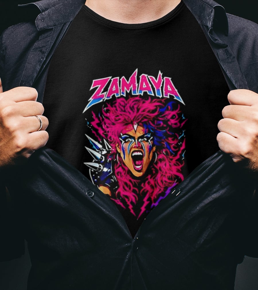 Zamaya Warrior Screaming Pink Hair Spiked Shoulder Pad T-Shirt