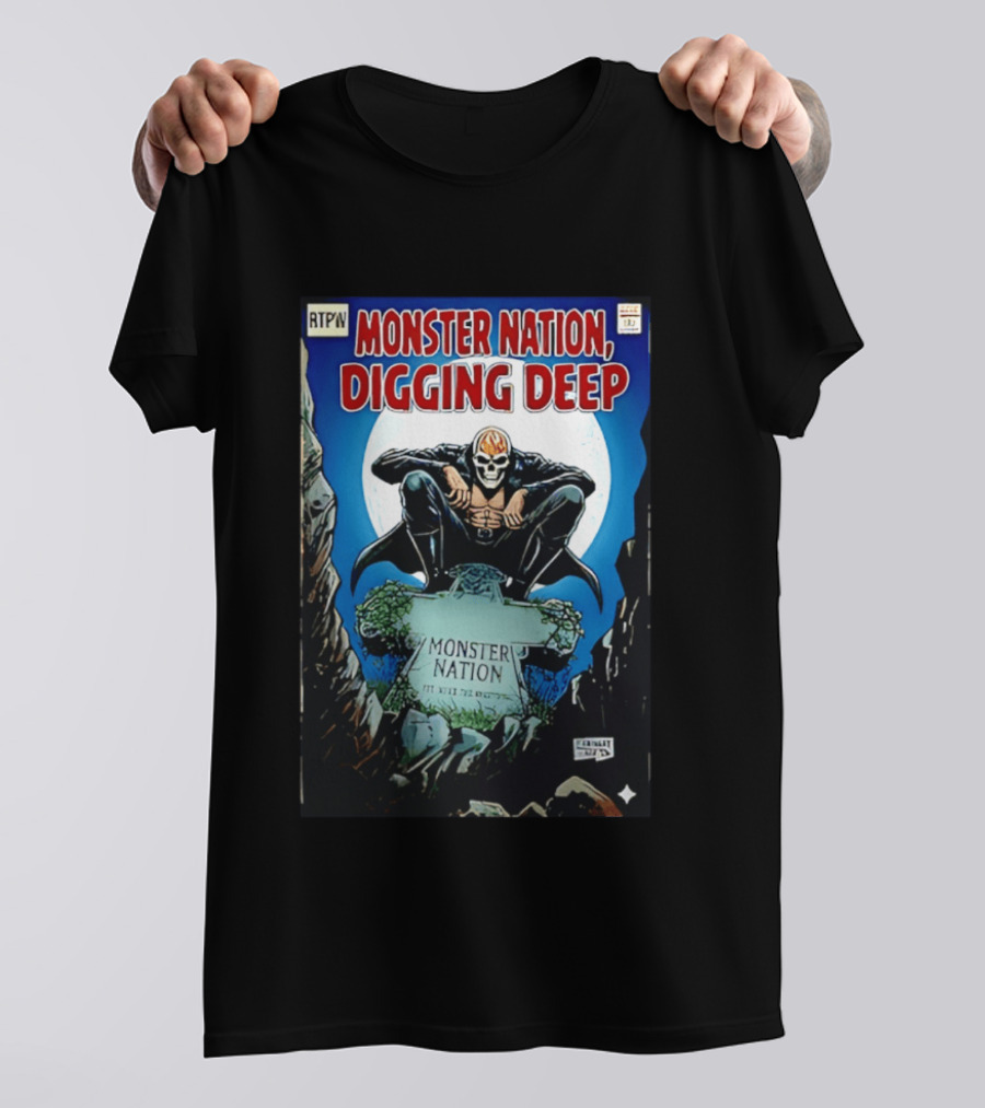 Monster Nation Digging Deep Comic Cover Tombstone Skeleton Superhero T-Shirt