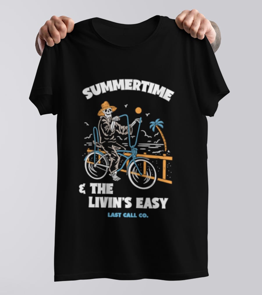 Summertime And The Livin's Easy Last Call Co Skeleton Bicycle Beach Scene T-Shirt