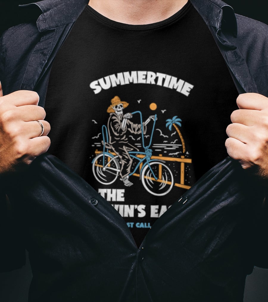 Summertime And The Livin's Easy Last Call Co Skeleton Bicycle Beach Scene T-Shirt