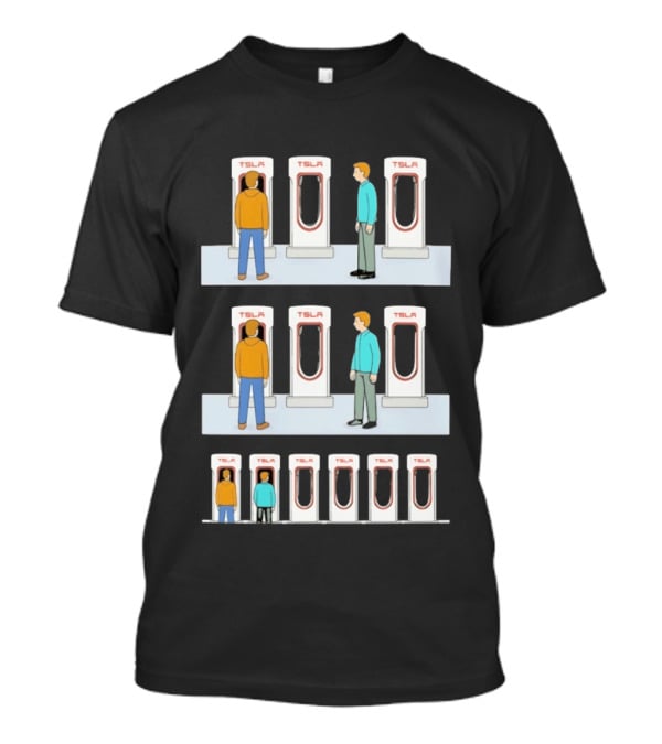 Tesla Comic Strip Charging Supercharger Urinals Parking Humor T-Shirt