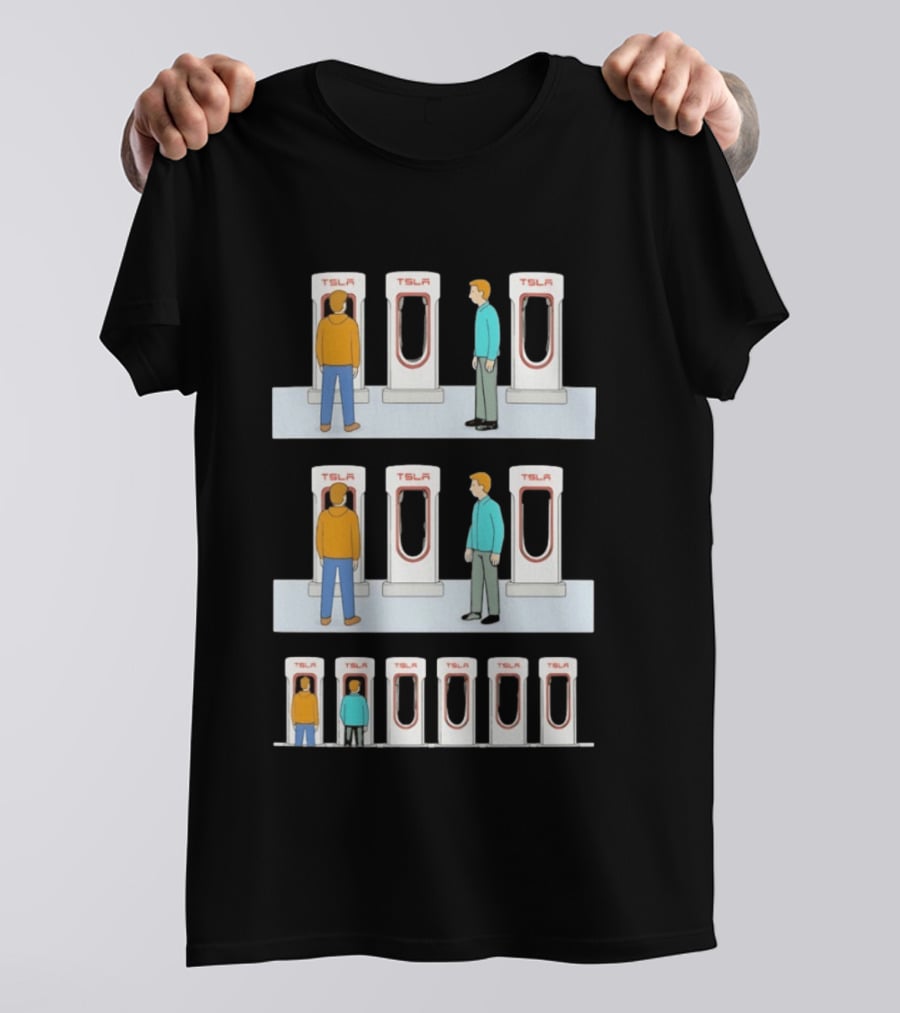 Tesla Comic Strip Charging Supercharger Urinals Parking Humor T-Shirt
