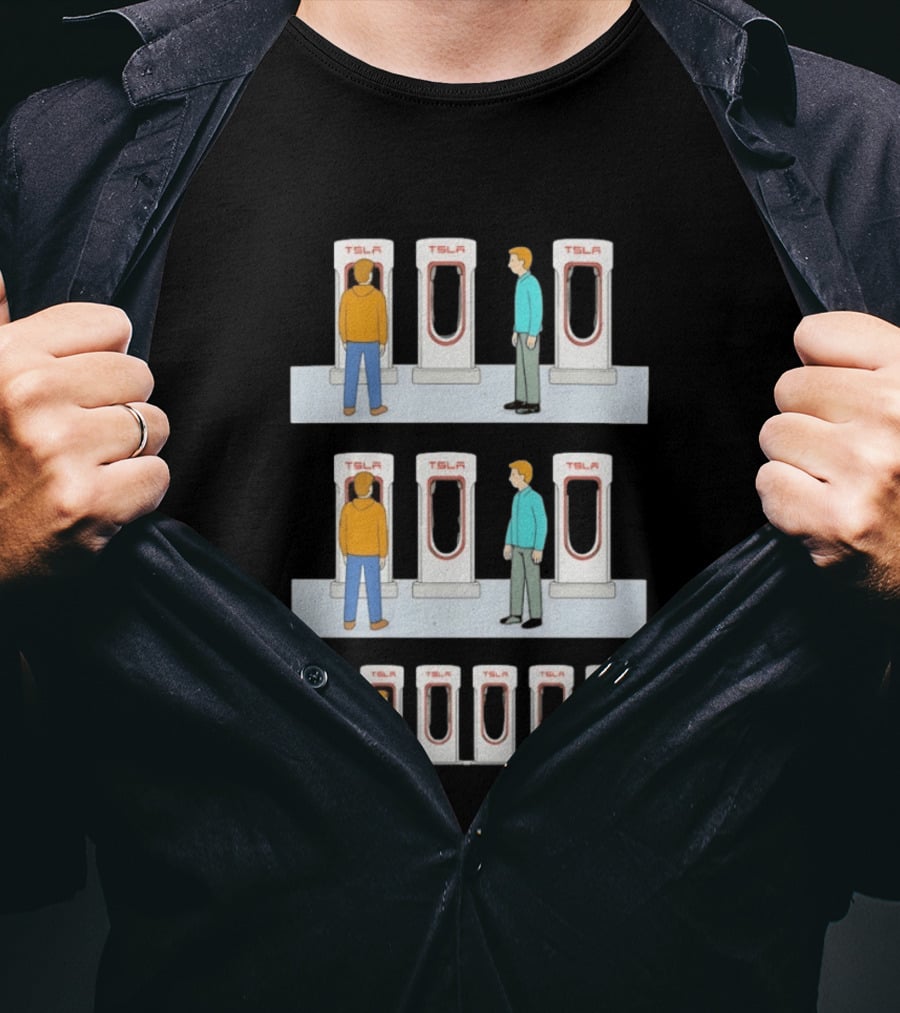Tesla Comic Strip Charging Supercharger Urinals Parking Humor T-Shirt