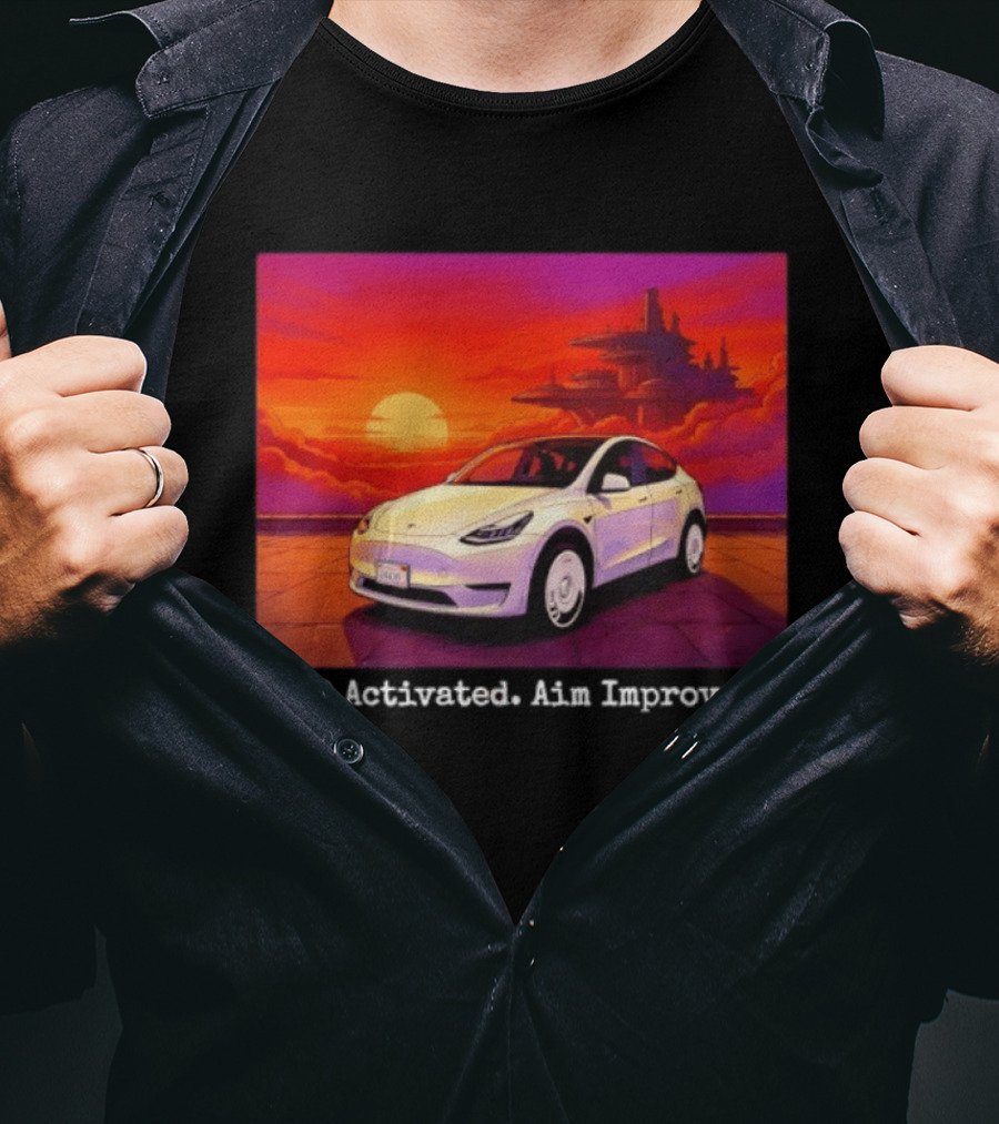 Tesla Model Y FSD Activated Aim Improved Sunset Futuristic City Scene T-Shirt