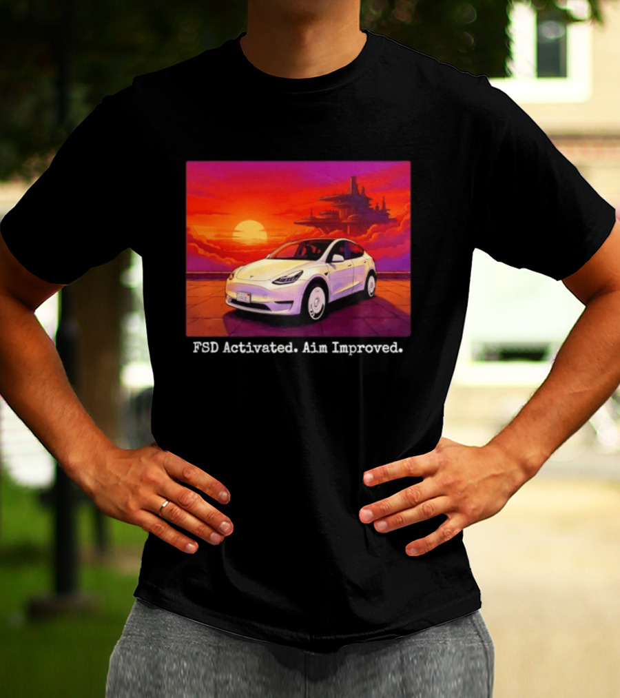 Tesla Model Y FSD Activated Aim Improved Sunset Futuristic City Scene T-Shirt