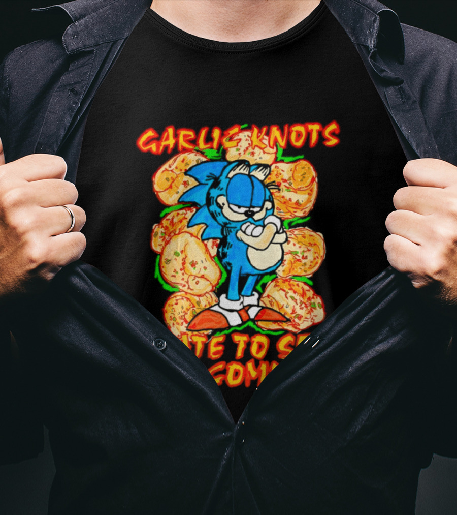 Garlic Knots Hate To See Me Coming Blue Character Surrounded By Cheesy Snacks T-Shirt
