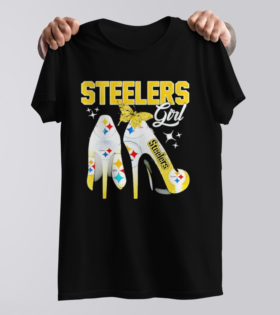Steelers Girl High Heels With Butterfly And Stars T-Shirt