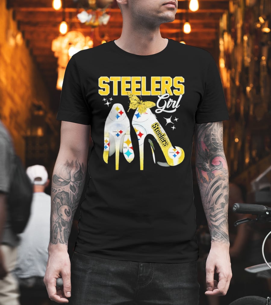 Steelers Girl High Heels With Butterfly And Stars T-Shirt