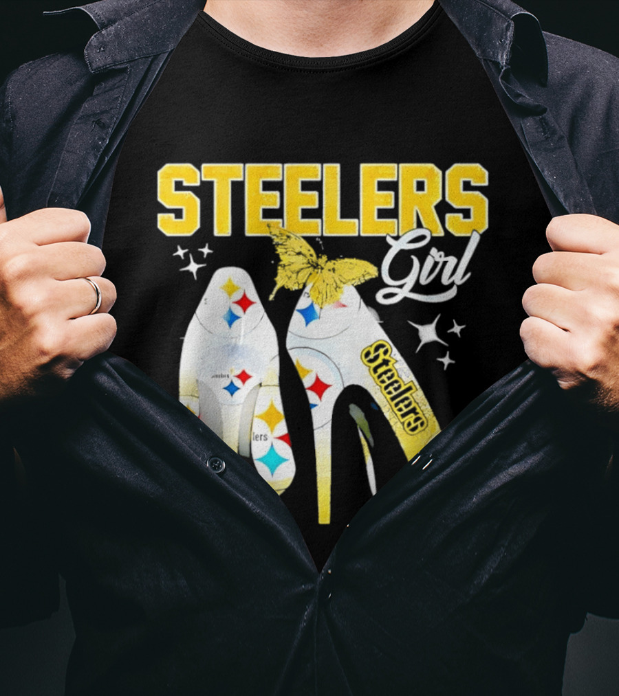 Steelers Girl High Heels With Butterfly And Stars T-Shirt