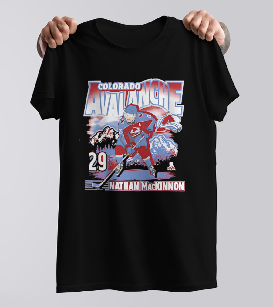 Colorado Avalanche Nathan MacKinnon 29 Hockey Mountain Scene T-Shirt