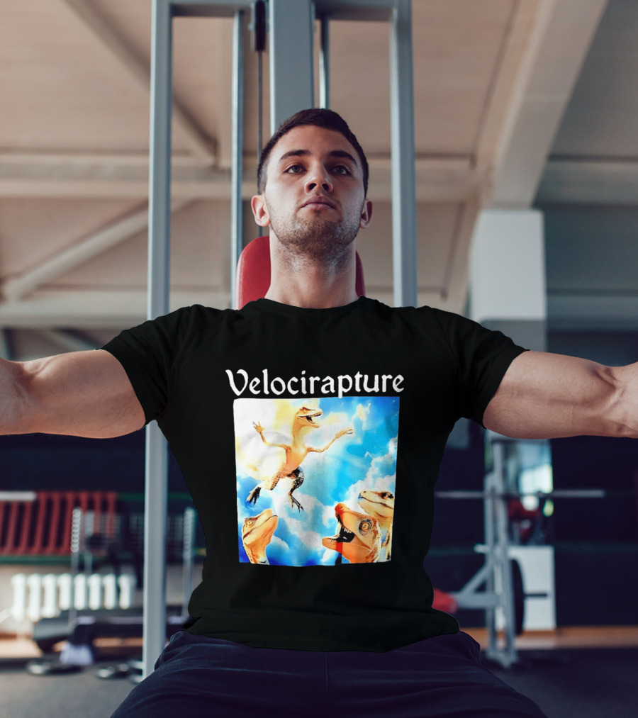 Velocirapture Dinosaur Raptor With Clouds And Blue Sky T-Shirt
