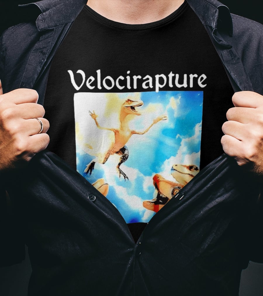 Velocirapture Dinosaur Raptor With Clouds And Blue Sky T-Shirt