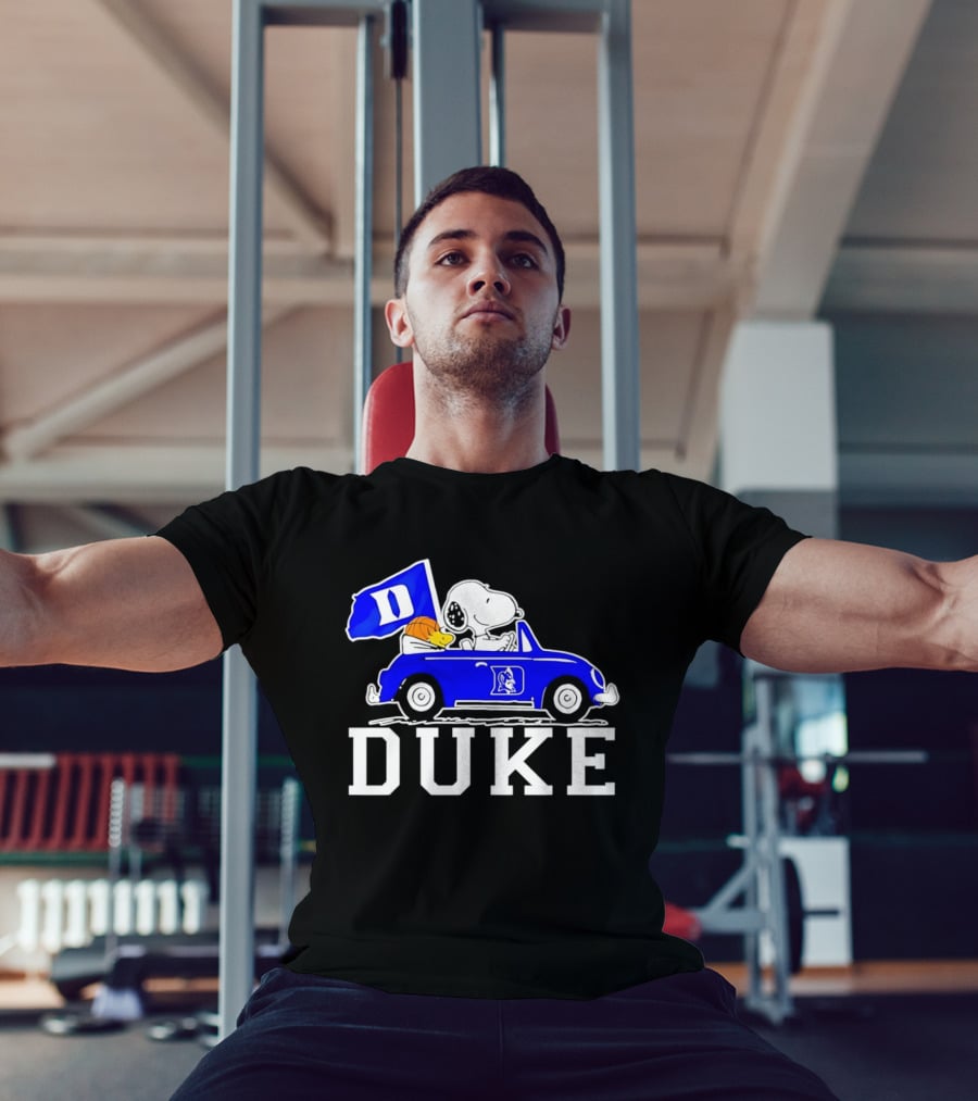 Snoopy And Woodstock Driving Duke Blue Car With Duke Blue Devils Flag T-Shirt