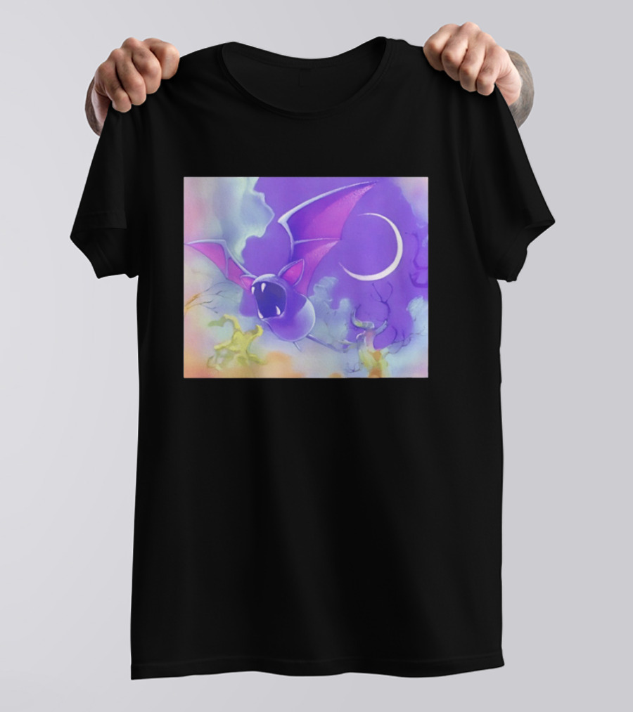 Spooky Bat With Pink Wings Flying Under Crescent Moon Halloween Night Scene T-Shirt