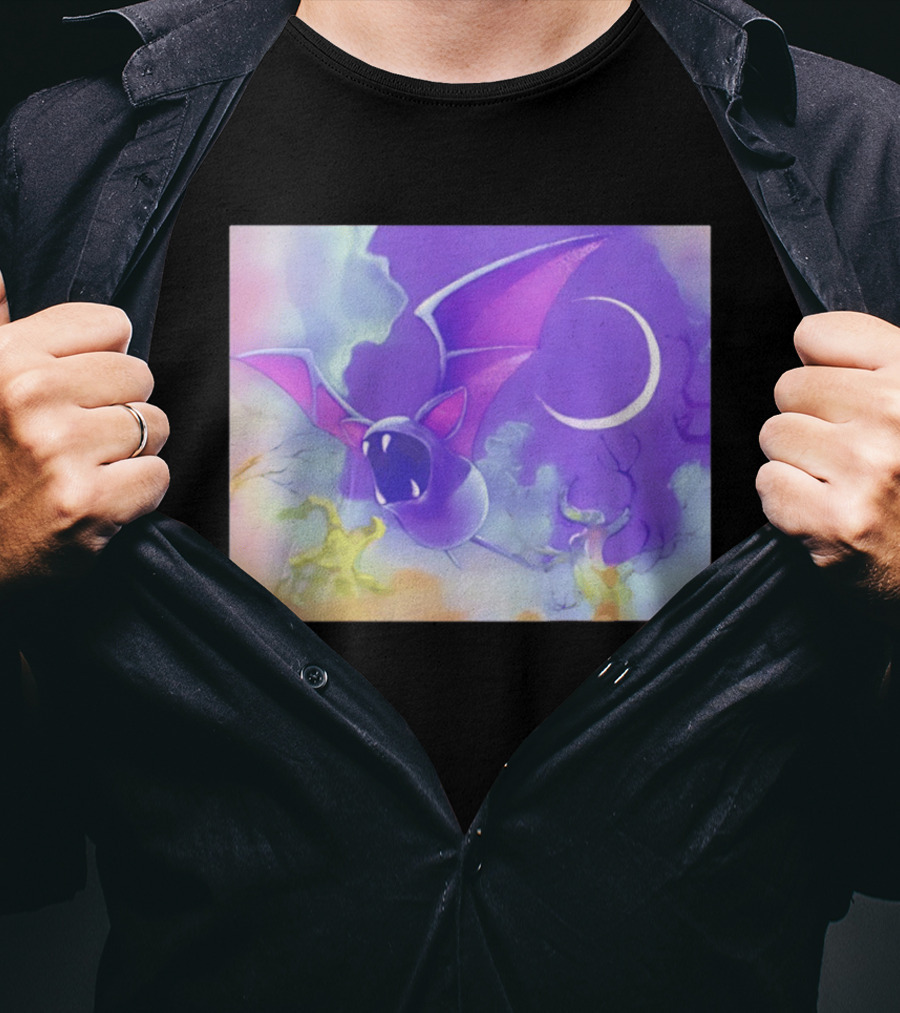 Spooky Bat With Pink Wings Flying Under Crescent Moon Halloween Night Scene T-Shirt