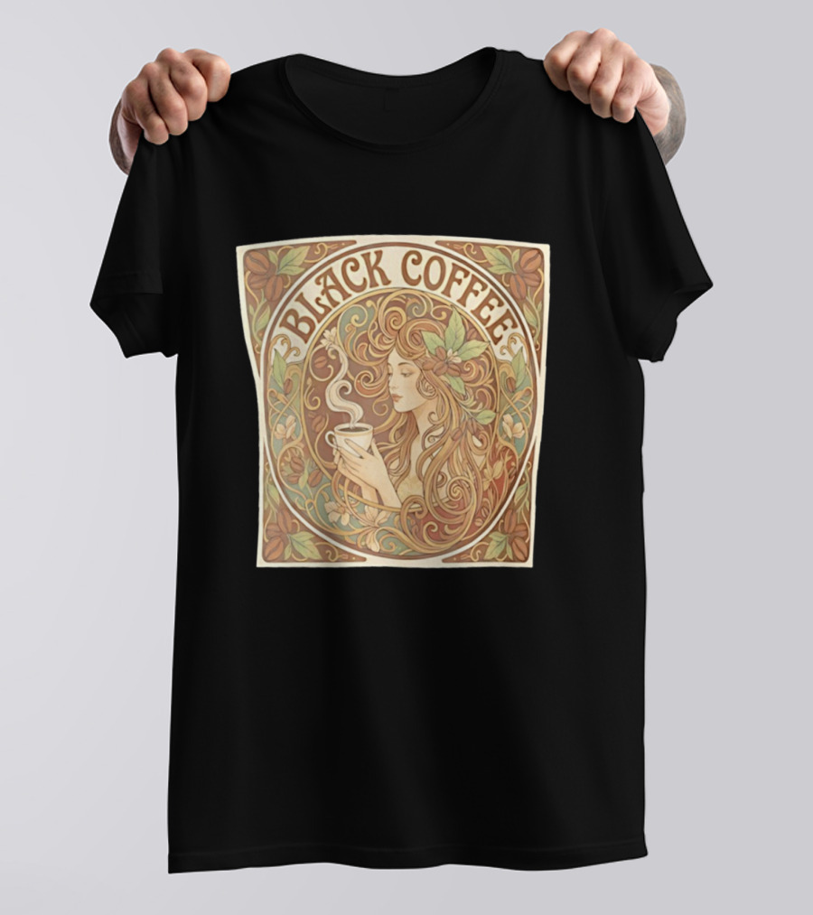 Black Coffee Nouveau Floral Steaming Art Deco T-Shirt