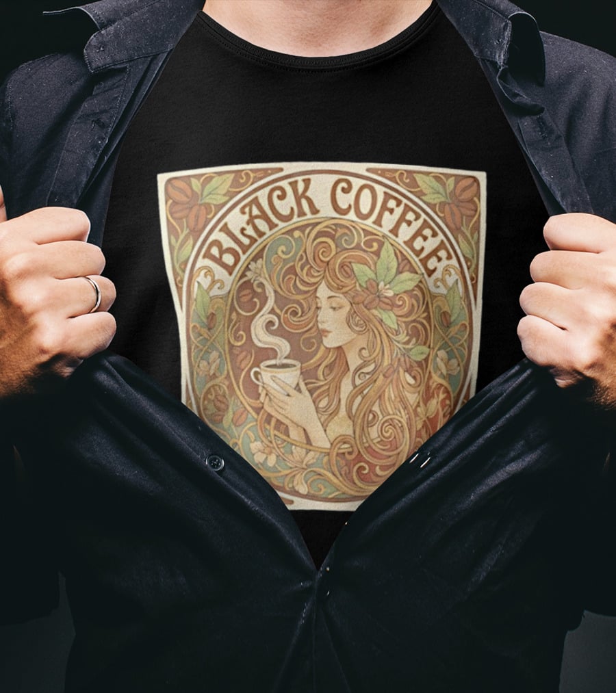 Black Coffee Nouveau Floral Steaming Art Deco T-Shirt