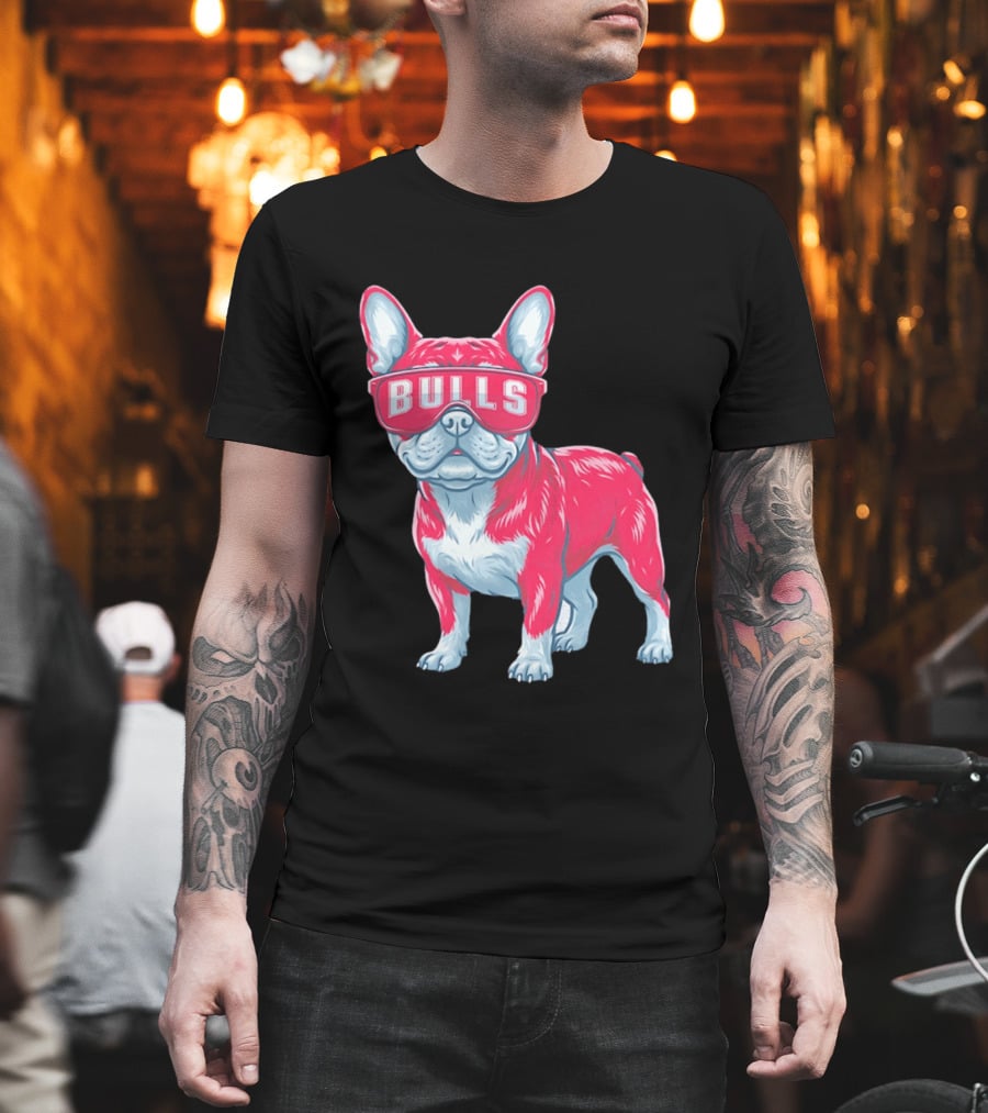 Chicago Bulls French Bulldog Wearing Bulls Glasses T-Shirt