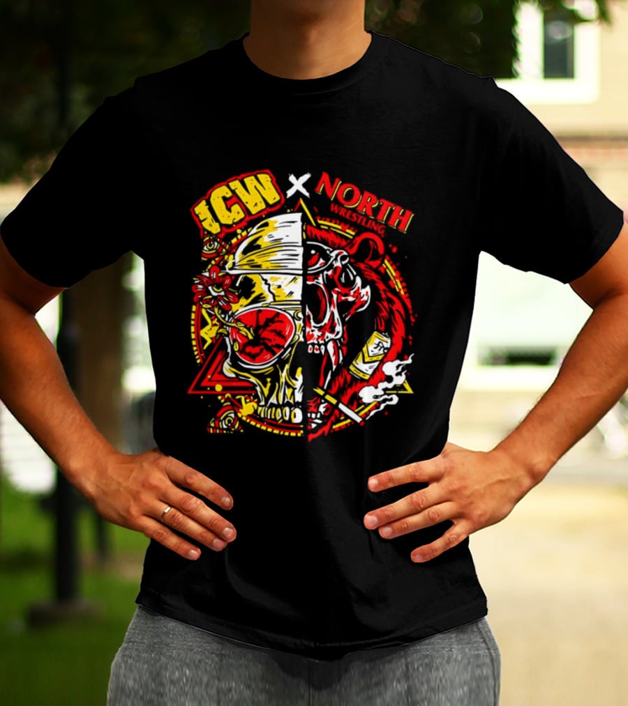 ICW X North Wrestling Split Skull Bear Head Concert Band T-Shirt