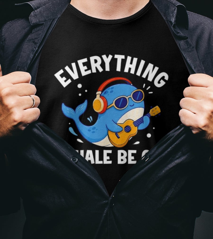 Everything Whale Be Ok Whale Playing Ukulele With Headphones Ocean Animal Music T-Shirt