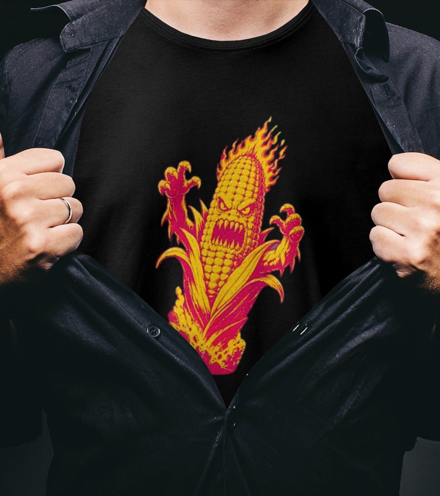 Fiery Mutant Corn Monster Kernels Of Terror Halloween Evil Cob T-Shirt