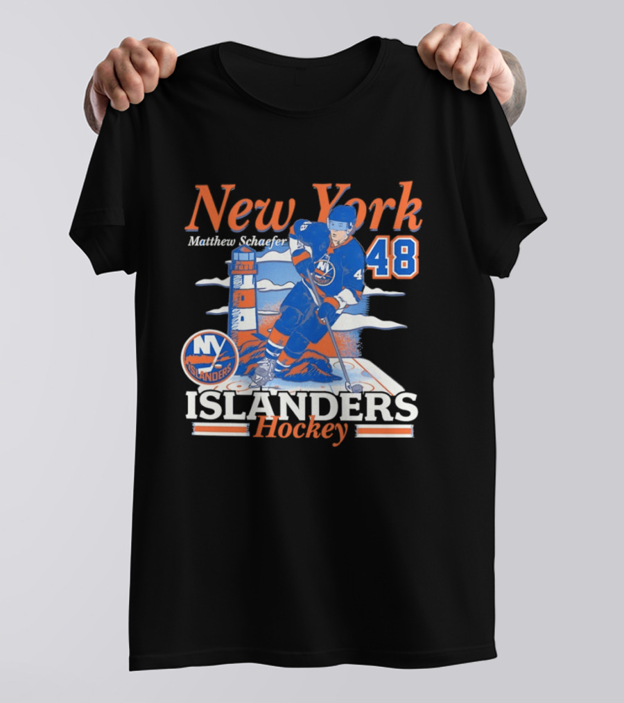 New York Islanders Hockey Matthew Schaefer 48 Player Lighthouse T-Shirt