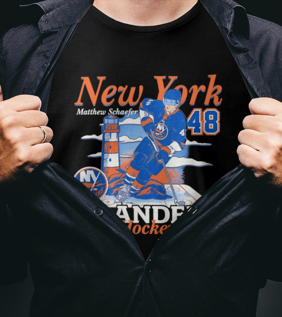 New York Islanders Hockey Matthew Schaefer 48 Player Lighthouse T-Shirt